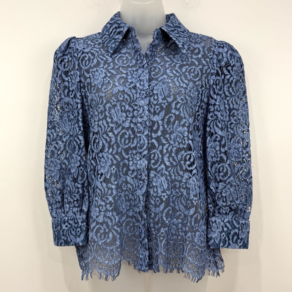 L'Agence Andrea Lace Button Front Blouse S Blue Sheer Feminine Dainty